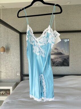 La Perla Maison Silk Blue White Short Slip Dress Cami Nightgown Small NEW